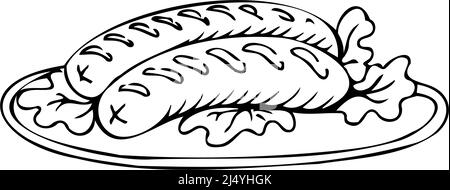 Cooked sausages thin black lines on white background - Vector illustration Stock Vector