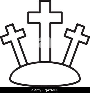 Calvary hill linear christian icon. Three crosses at Golgotha mountain. Crucifixion of Jesus Christ. Good Friday. Thin line illustration. Contour Stock Vector