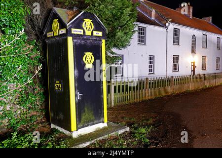 A preserved Automobile Association phone box. This one is number 573 and is located at the bottom of Garrowby Hill in the East Riding of Yorkshire Stock Photo