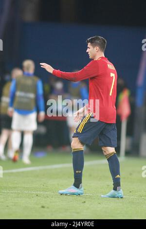 Alvaro Morata of Spain reacts during a friendly match between Spain and Iceland at Riazor Stadium on March 29, 2022, in La Coruna, Spain. Stock Photo