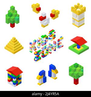 A set of figures for the children area from multi-colored plastic blocks in the isometric style for printing, games and education. Vector illustration Stock Vector