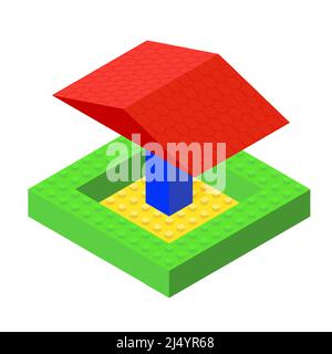 Multi-colored sandbox assembled from plastic blocks in isometric style for printing, learning and games. Vector illustration. Stock Vector