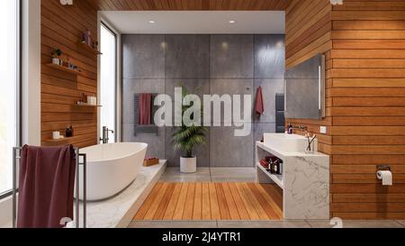 3d rendering of modern bathroom, tiles, quartz floor. Bathroom design ideas Stock Photo