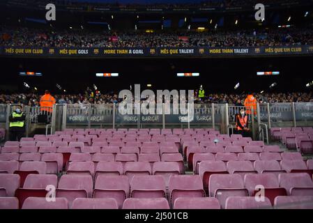 BARCELONA, SPAIN - APRIL 18: After Eintracht Frankfurt defeat Barcelona in Europe League, a Barcelona fan group boycott the La Liga match between FC Barcelona and Cádiz at Camp Nou on April 18, 2022, in Barcelona, Spain. (Photo by Sara Aribo/PxImages) Stock Photo