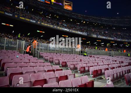 BARCELONA, SPAIN - APRIL 18: After Eintracht Frankfurt defeat Barcelona in Europe League, a Barcelona fan group boycott the La Liga match between FC Barcelona and Cádiz at Camp Nou on April 18, 2022, in Barcelona, Spain. (Photo by Sara Aribo/PxImages) Stock Photo