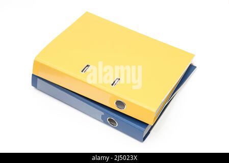 Yellow and blue office folder on white background. Stock Photo