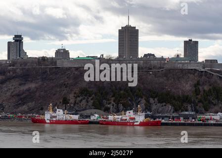 The harbor of Quebec in the district of Cap-Blanc with the wharf and the ship of fisheries and oceans Canada Stock Photo