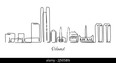 Single continuous line drawing of Richmond city skyline, Virginia. Famous city scraper landscape. World travel home wall decoration art poster print c Stock Vector