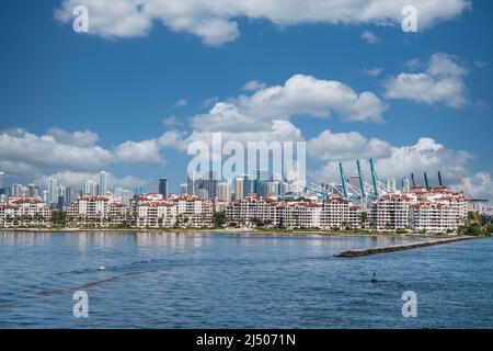 Fisher Island, a luxurious residential community, seen from the deck of a cruise ship departing from Miami, Florida. Stock Photo