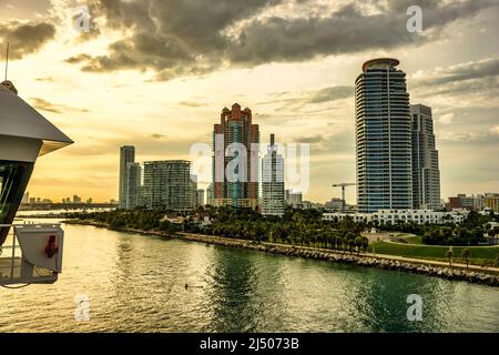 South Pointe of South Beach in the late afternoon sun seen from a cruise ship returning to Miami, Florida. Stock Photo