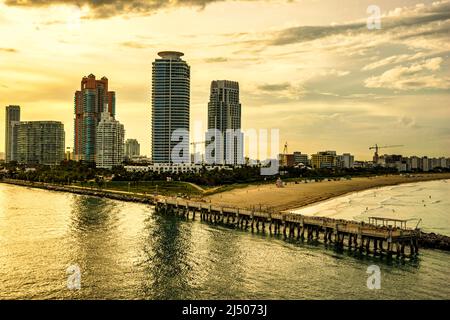 South Pointe of South Beach in the late afternoon sun seen from a cruise ship returning to Miami, Florida. Stock Photo