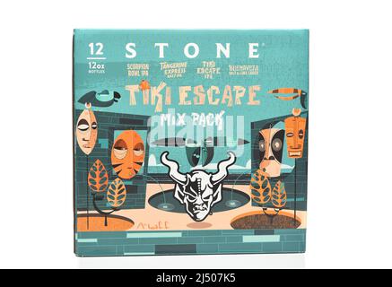 IRVINE, CALIFORNIA - 17 APR 2022:  a 12 pack of Stone IPA , Tiki Escape, Tangerine Express, Scorpion Bowl and Buenaveza Lager, isolated on white Stock Photo