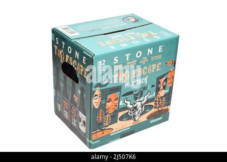 IRVINE, CALIFORNIA - 17 APR 2022:  a 12 pack of Stone IPA , Tiki Escape, Tangerine Express, Scorpion Bowl and Buenaveza Lager, isolated on white Stock Photo