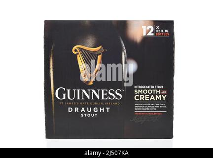 IRVINE, CALIFORNIA - 17 APR 2022: A 12 pack of Guinness Draught Stout bottles isolated on white. Stock Photo