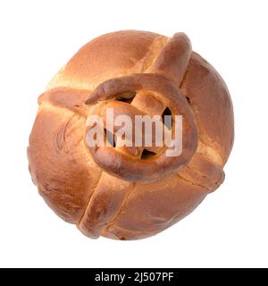 Portuguese traditional Easter cake. Folar with eggs. Sweet bread isolated on white background Stock Photo