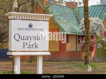 Quayside Park Sign along the New Westminster, British Columbia walkway. Sign board in the Quayside Park. Street photo, nobody, editorial-April 5,2022. Stock Photo
