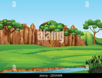 Field landscape with many trees and river Stock Vector