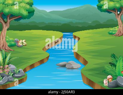 River cartoons in the middle beautiful natural scenery Stock Vector