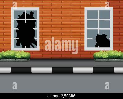 Window with broken glass on red brick wall Stock Vector