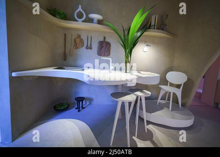 Madrid, Spain. 18th Apr, 2022. View of a kitchen designed by the Nometri Decor shown during the Casa Decor 2022 fair in Madrid. Casa Decor is a platform for interior design, design and trends, which takes place every year in a different location in the center of Madrid, opens an iconic and unique building to the public, which accommodates fifty spaces decorated by interior design professionals. Credit: SOPA Images Limited/Alamy Live News Stock Photo