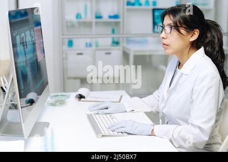Young serious female researcher or virologist in whitecoat and gloves sitting in front of computer screen while analyzing new strain Stock Photo