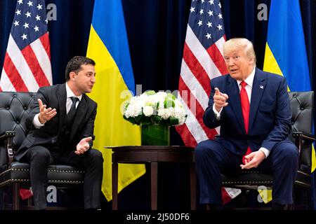President Donald J. Trump participates in a bilateral meeting with Ukraine President Volodymyr Zelensky Wednesday, Sept. 25, 2019, at the InterContinental New York Barclay in New York City. (Official White House Photo by Shealah Craighead) Stock Photo