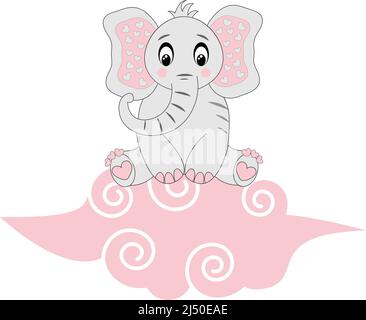 Cute Cartoon Elephant On A Pink Cloud. Isolated Kawaii Baby Elephant Vector Drawing. Stock Vector