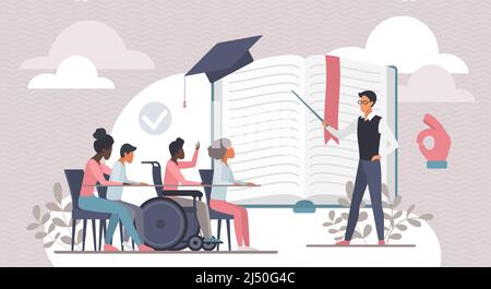 Inclusive education, special competence and pedagogue. Tiny tutor with pointer teaching diverse group of school children in classroom, people in need social adaptation flat vector illustration Stock Vector