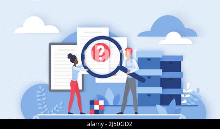Online search of information, cloud organization and analytics. Tiny people work with magnifying glass on archive folders of documents flat vector illustration. Library cloud service, internet concept Stock Vector