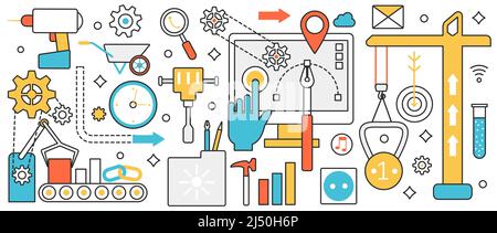 Creation process technology. Abstract crane for product, projects and personal brand building, creative idea and target research, digital content in infographic concept banner, thin line art design Stock Vector