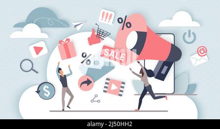 Online marketing strategy. Tiny people customers with megaphone generation of gifts, positive reviews, discount sign and email advertising flat vector illustration. Sales announcement concept Stock Vector