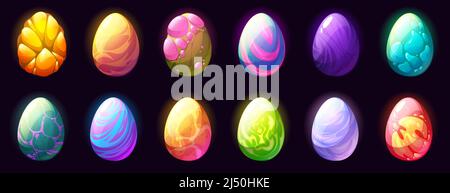 Fantasy eggs of dragon, dinosaur, alien monster, or magic creature isolated on black background. Vector cartoon set of fairy tale eggs with different texture for ui game design Stock Vector