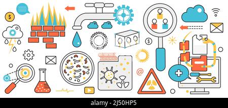 Online security and digital personal data leakage. Abstract modern cyber leak protection, privacy and internet fraud control, confidential safety in infographic concept banner, thin line art design Stock Vector