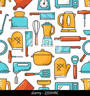 Kitchen utensil and kitchenware seamless pattern, vector background of cooking appliance. Cookware and kitchen utensil mixer, toaster and teapot, corkscrew and bottle opener, microwave oven and ladle Stock Vector