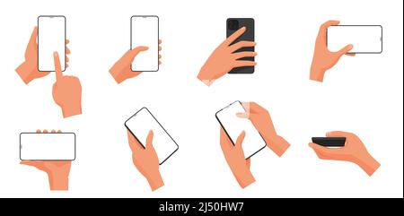 Human hands hold mobile phone with empty blank screen set vector illustration. Cartoon arms touch device with fingers, zoom, tap, swipe gestures isolated on white. Communication, internet concept Stock Vector