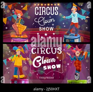 Shapito circus show, cartoon clowns and jesters at funfair carnival, vector. Circus carnival and funfair performance of funny clowns, jester juggler and harlequin joker on unicycle, magic show Stock Vector