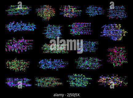 TV color pixel noise glitch, monitor signal decay and screen bugs. VHS video error glitch, cassette collapse or television broadcast signal lost, monitor glitch vector effects set with color pixels Stock Vector