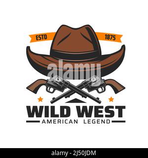 Cowboy hat and guns vector icon of Wild West or western rodeo design. Crossed pistols or revolvers of American sheriff and old brown leather hat with stars and ribbons isolated symbol Stock Vector