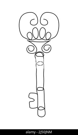 One line key drawing. Continuous line art of antique old key for real estate. Isolated antique room key for hotel Stock Vector