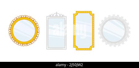 Silver and gold wall mirrors with retro ornaments in different shapes. Stock Vector
