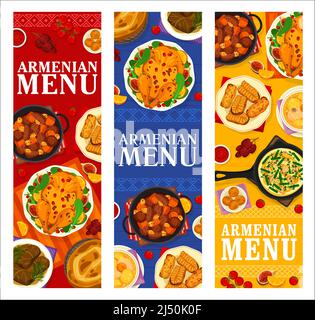 Armenian cuisine menu banners. Stuffed grape leaves Dolma, lamb soup Bozbash and lamb stew Khashlama, green bean Lobio, flatbread Matnakash and baked chicken Amich, cookie Gata, nut pastry Nazook Stock Vector