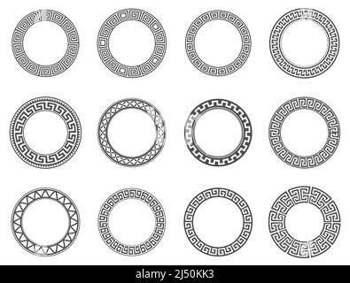 Circle greek frames. Round meander borders. Decoration elements patterns. Vector illustration isolated on white background. Stock Vector