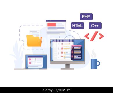 Concept for development using programming languages with online sharing data vector illustration on white background Stock Vector