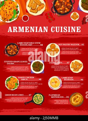 Armenian cuisine meals menu. Soup Bozbash, stuffed grape leaves Dolma and nut pastry Nazook, baked chicken Amich, cookie Gata and green bean Lobio, flatbread Matnakash, lamb vegetable stew Khashlama Stock Vector