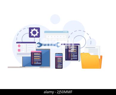Concept for development using programming languages with online sharing data vector illustration on white background Stock Vector
