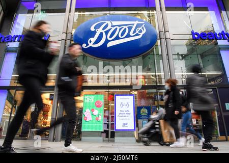 File photo dated 02/12/2020 of Boots in Oxford Street in London, The pharmacy chain is to stop selling all wet wipes that contain plastic fibres by the end of the year. Issue date: Tuesday April 19, 2022. Stock Photo