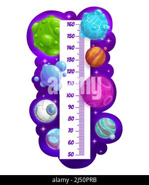 Kids height chart with cartoon space planets, vector growth measuring meter. Child height scale and tall measurement rule with alien galaxy and fantasy space planets or cosmic spaceships Stock Vector