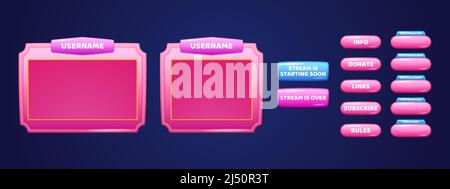 Live streaming background with online multimedia player windows and buttons. User interface of pink color. Social media channel, video blogging broadcasting live stream, Cartoon vector illustration Stock Vector