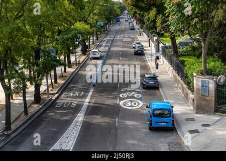 Madrid, Spain - October 10, 2021: High angle view Paseo de la Castellana in Madrid with low traffic durig weekend Stock Photo