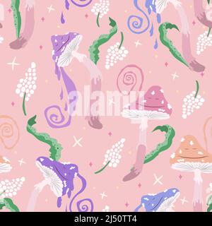 Psychedelic mushrooms seamless pattern. Magical trippy fungi. Stock Vector